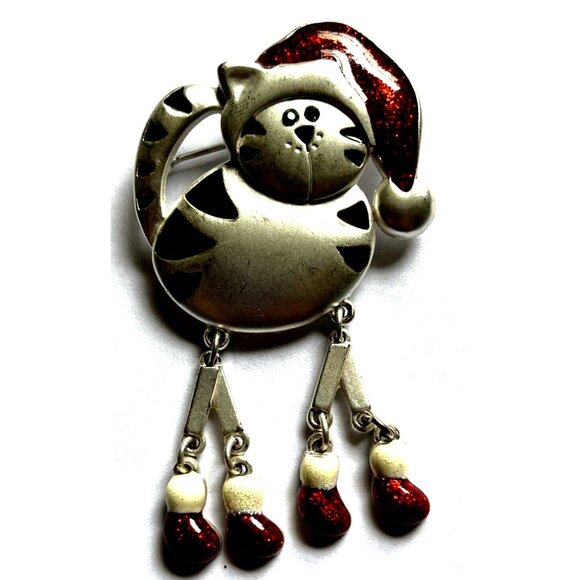Unbranded Jewelry - Christmas Cat In Santa Hat Dangling Legs Silver Red & Black Vintage